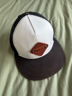 White and Black Trucker Hat with Leather Local Patch